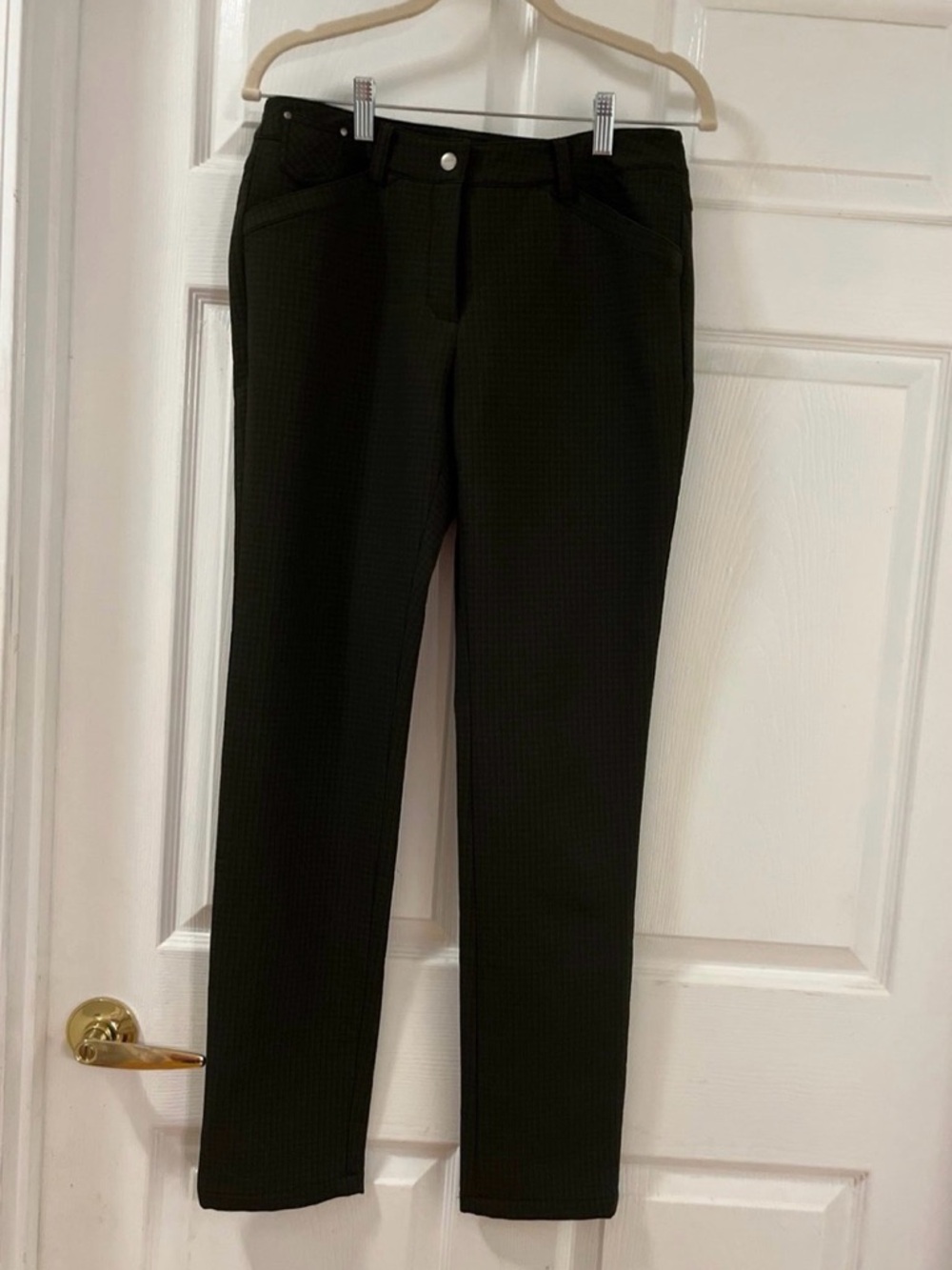 Women's Golf pants black plaid design over dark olive green